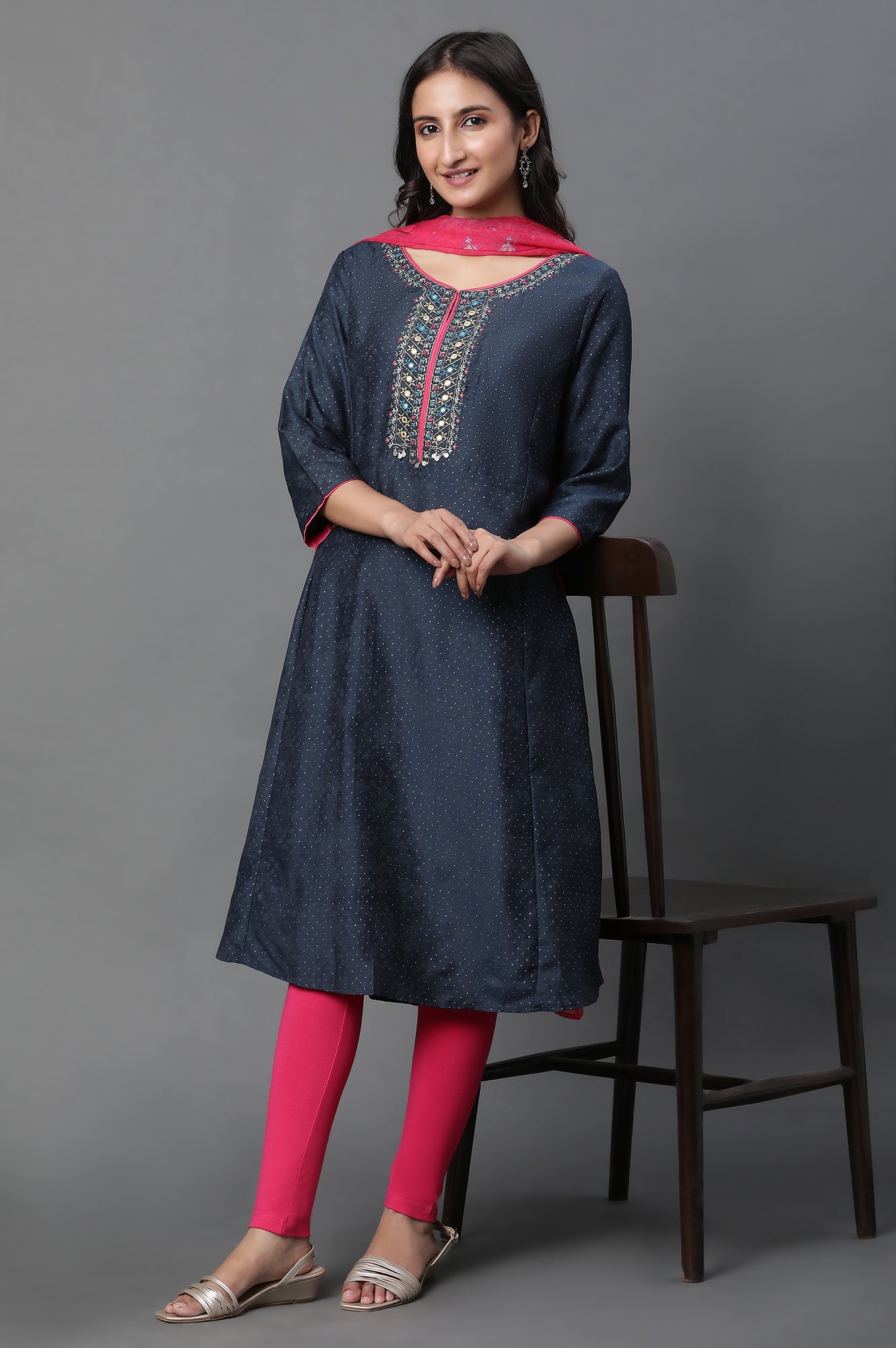 Royal Blue Glitter Printed A-Line Kurta, Tights And Dupatta Set