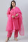 Plus Size Pink Bandhani Printed Embroidered kurta With Pants And Organza Dupatta