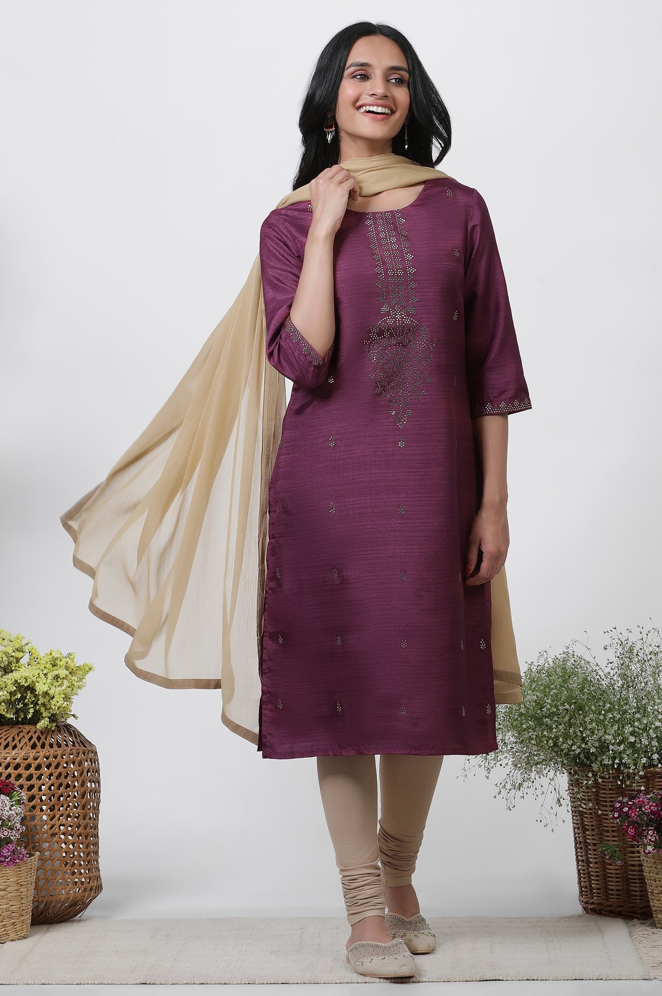 Purple Karnatka Silk Mukaish Kurta, Churidar And Dupatta Set