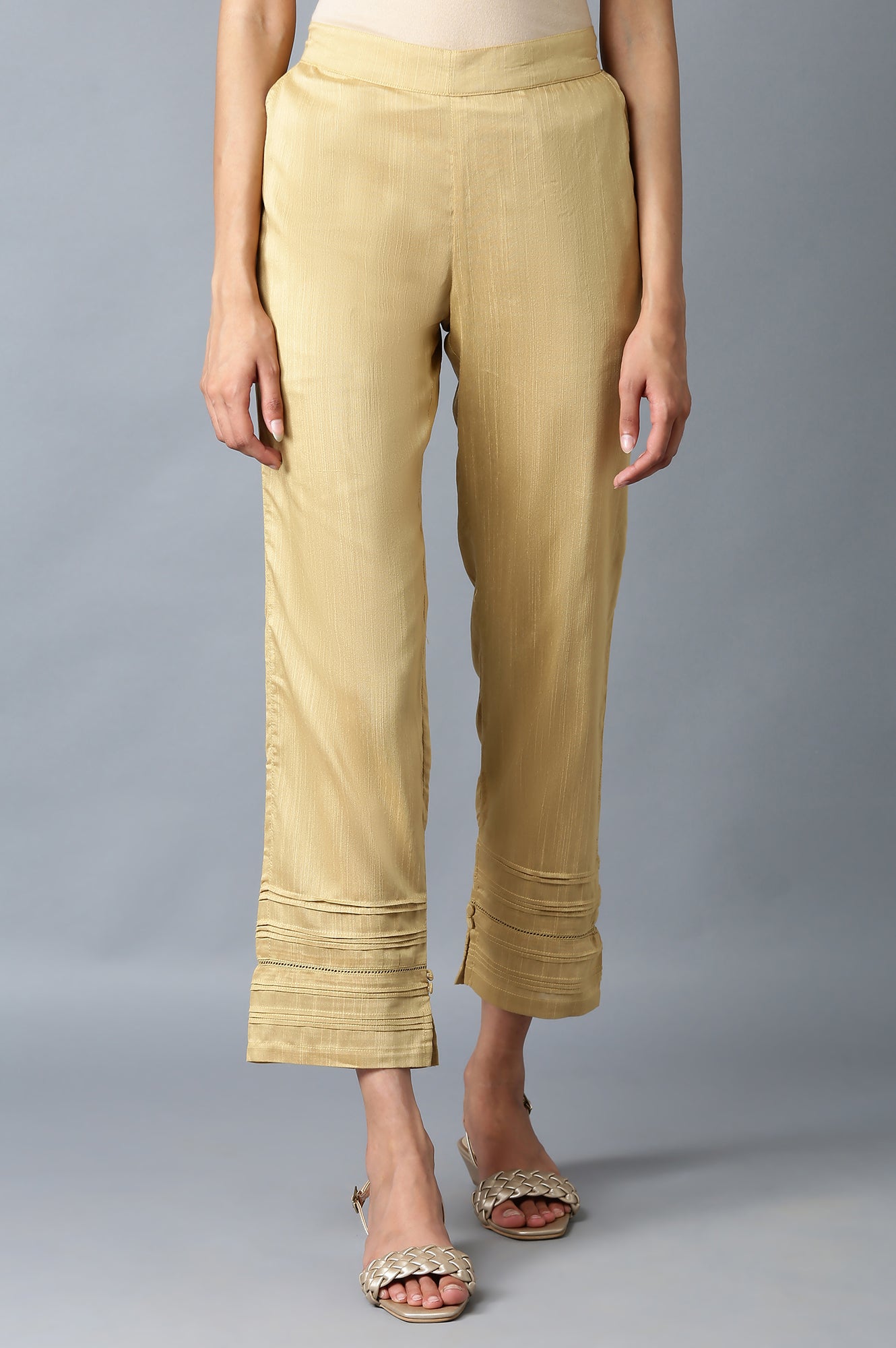 Gold Solid Straight Fit Ankle Length Mid Rise Trousers