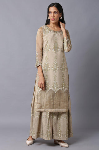 Gold Beige Floral Printed kurta With Embroidery