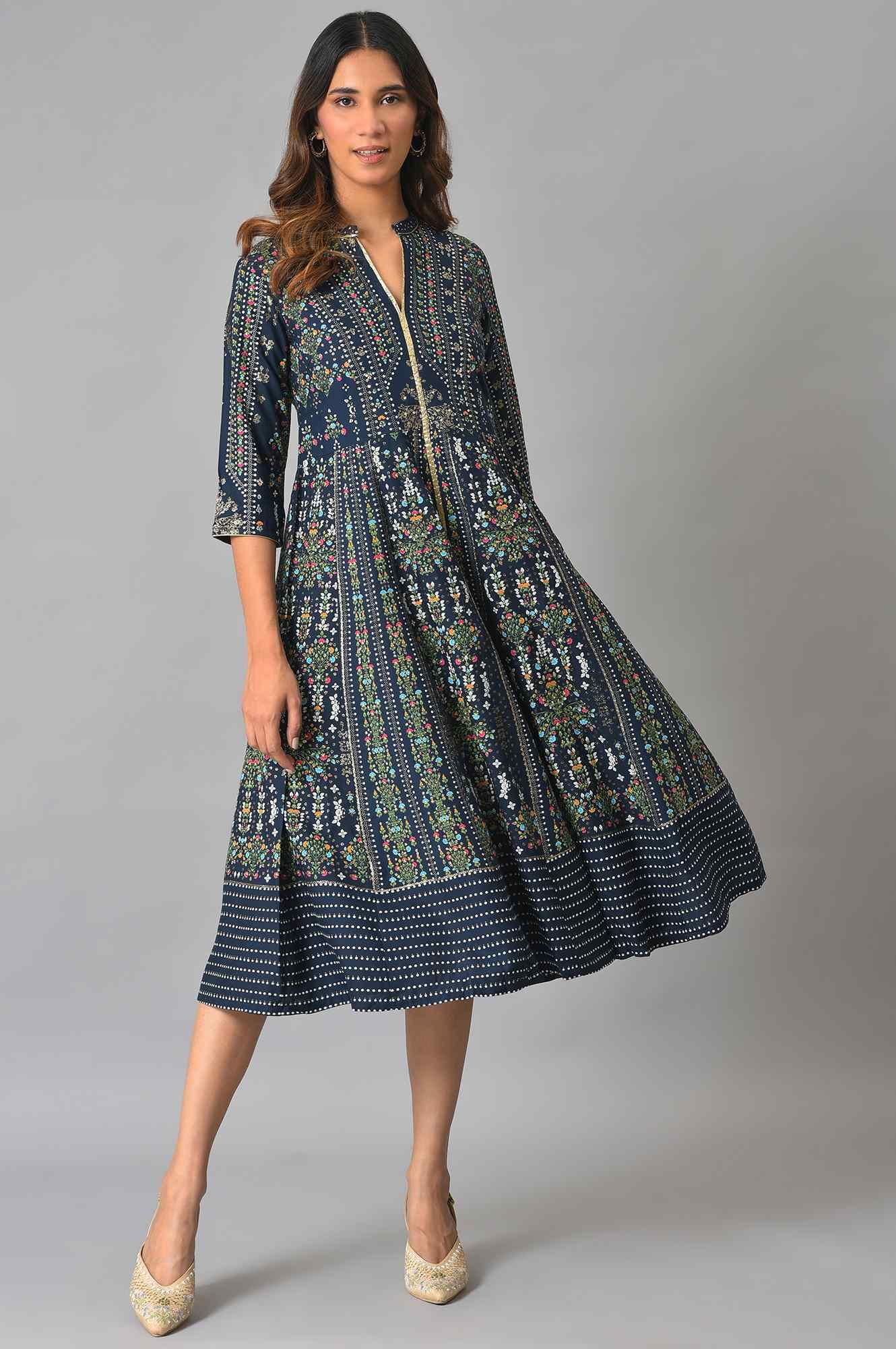 Navy Kalidar Printed Dress