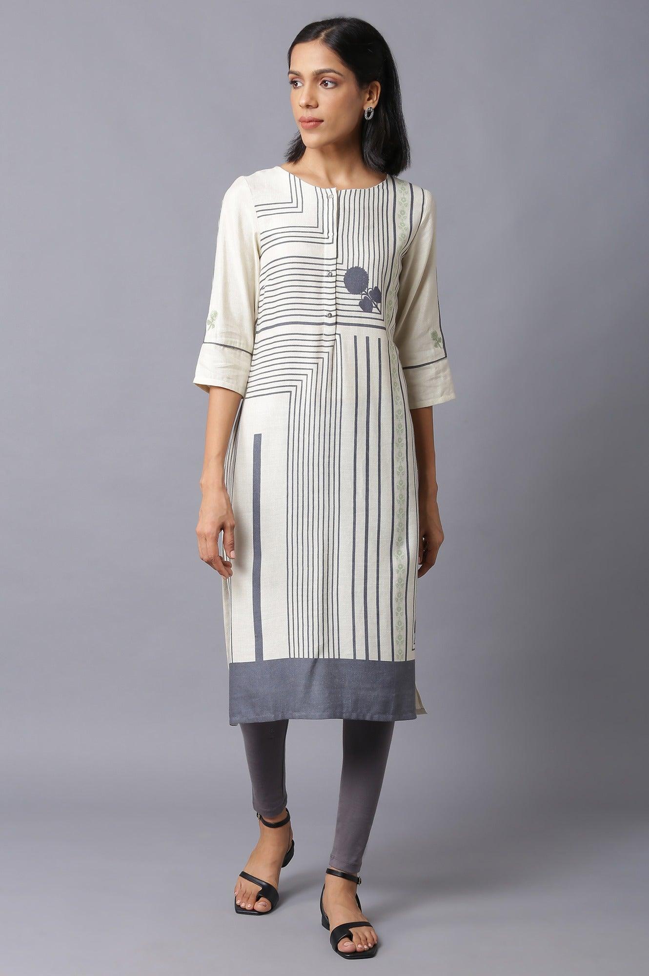 Ecru Straight Printed kurta