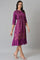 Dark Purple Floral Button Down Dress With Bead Work