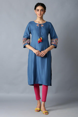 Deep Teal Straight Silhouette kurta With Thread Embroidery