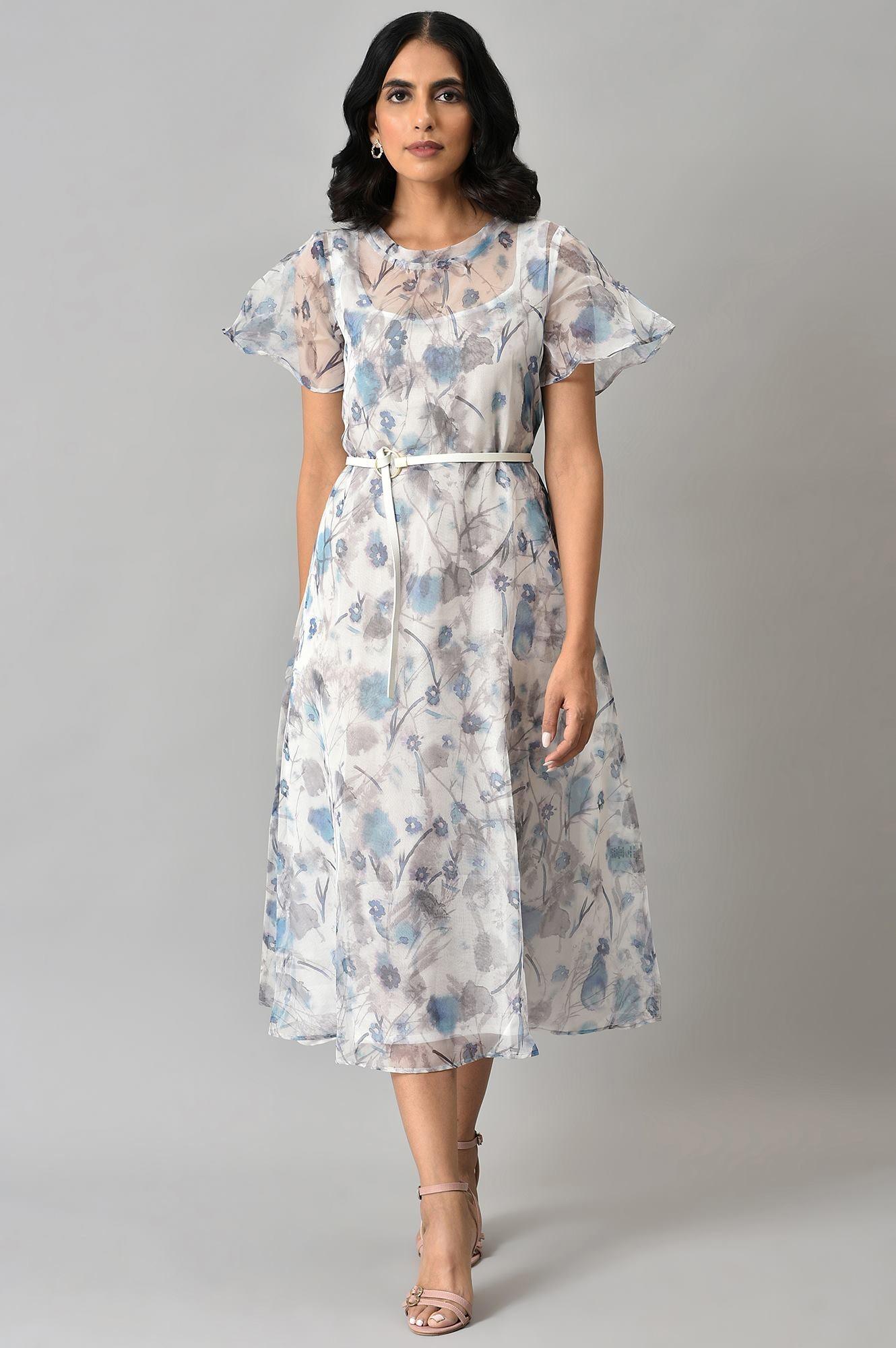 Light Blue Floral Organza Dress With Inner