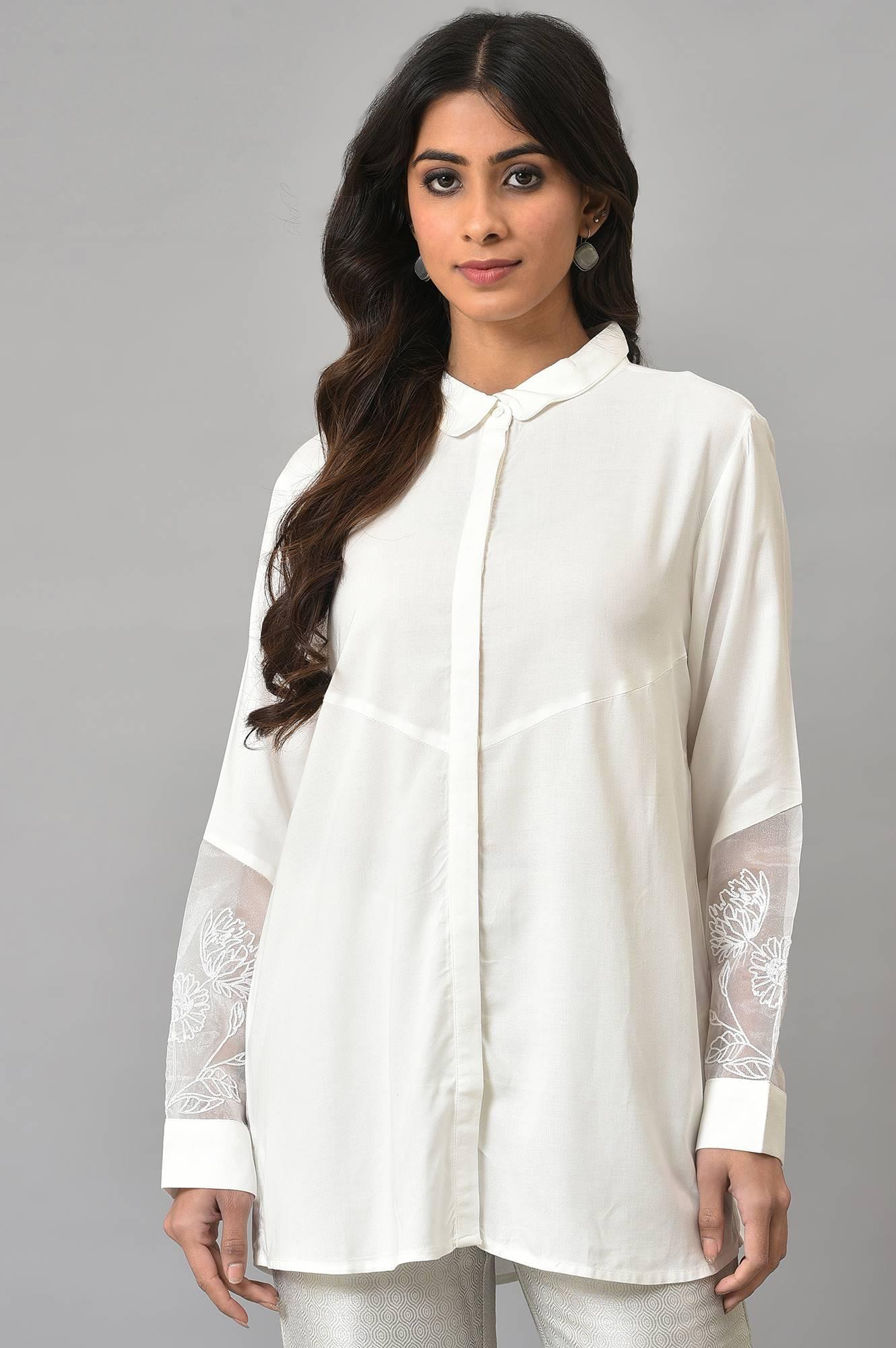 White Panelled Shirt With Embroidered Organza Sleeves