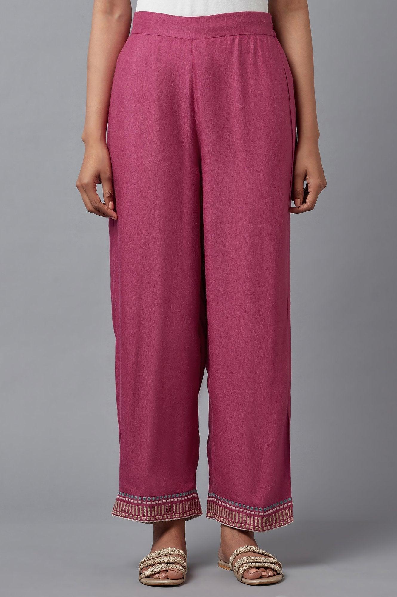 Pink Solid Slim Pants With Embroidery