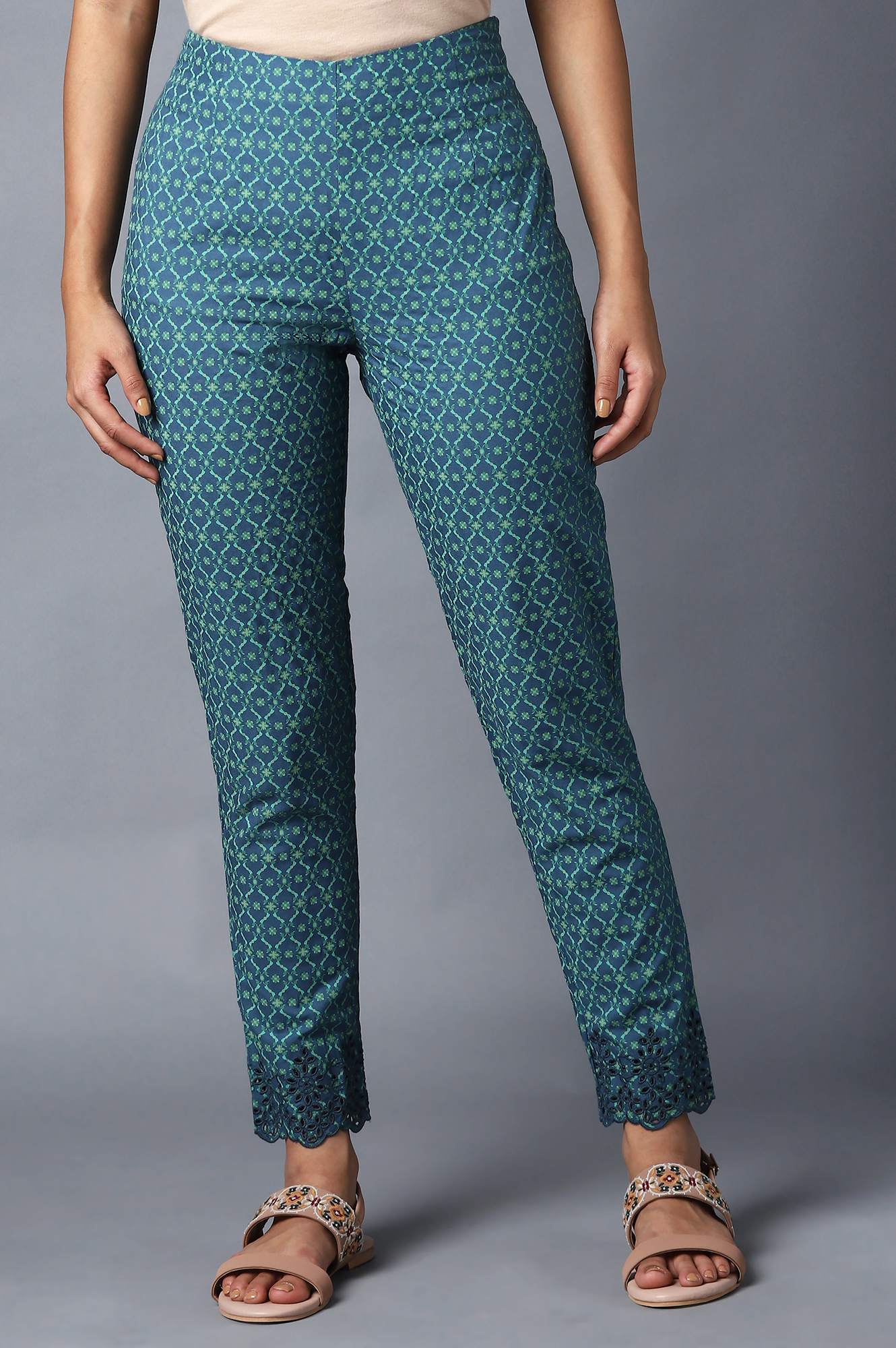 Deep Teal Printed Slim Pants With Thread Embroidery