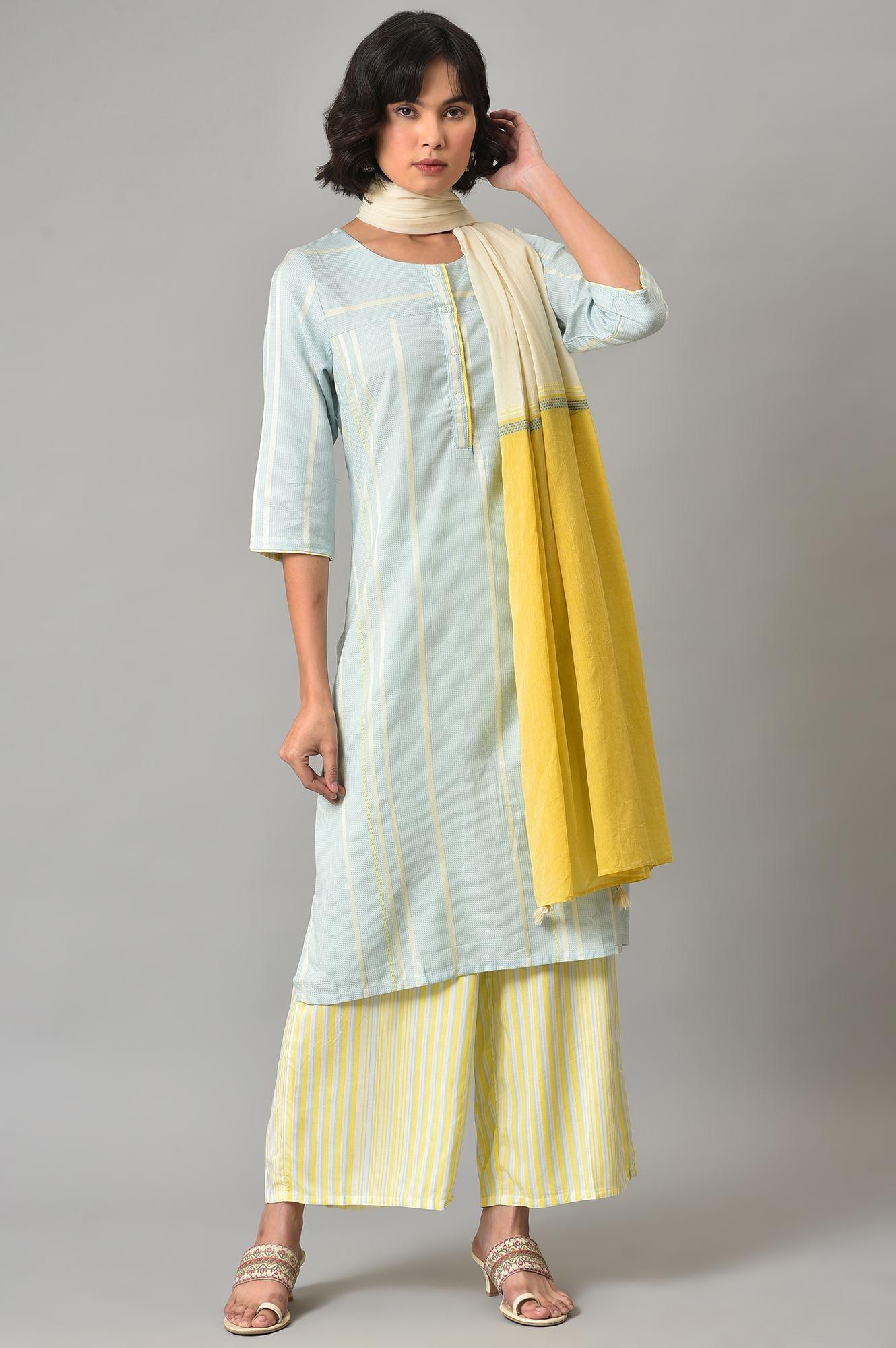 Ecru Rayon Dobby kurta With Yellow Parallel Pants And Ecru Dupatta