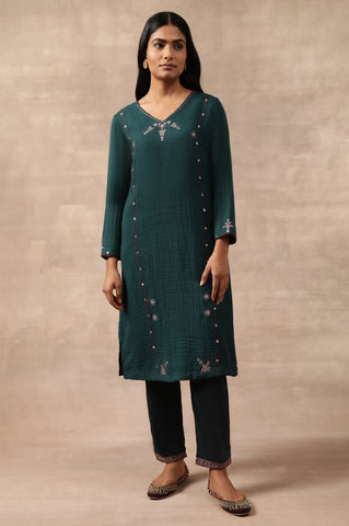 Teal Woollen Embroidered kurta