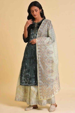 Dark Green Embellished Velvet kurta, Sharara And Dupatta Set