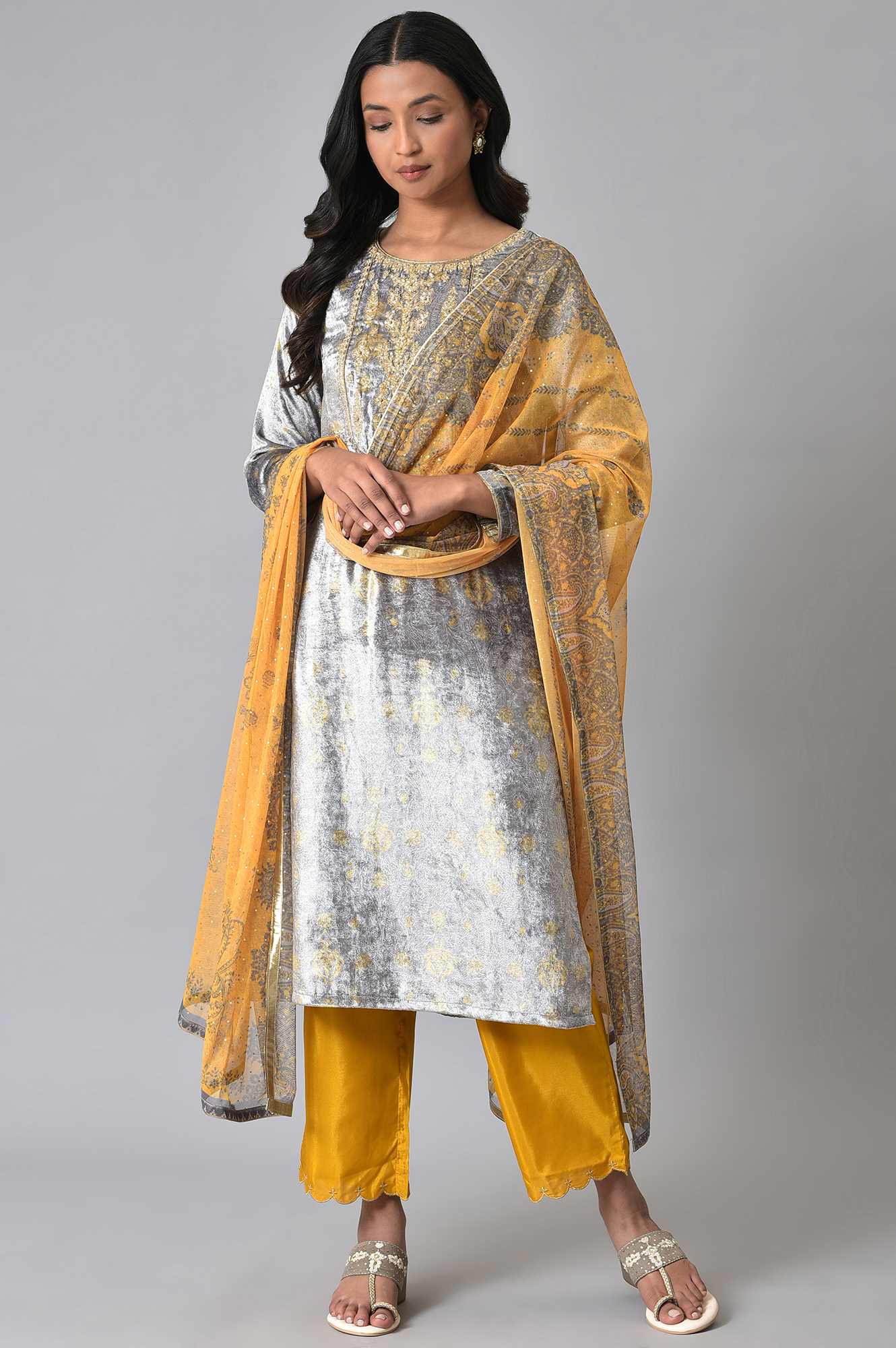 Grey Velvet Embroidered kurta With Yellow Pants And Printed Dupatta