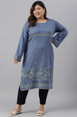 Plus Size Blue Contemporary Floral Printed Winter kurta