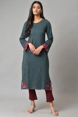 Blue Cutout Embroidered Plus Size Winter Kurta