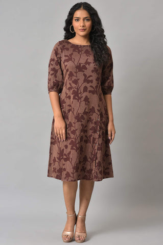 Brown Yarn-Dyed Floral Printed Western Dress