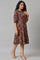 Brown Yarn-Dyed Floral Printed Western Dress