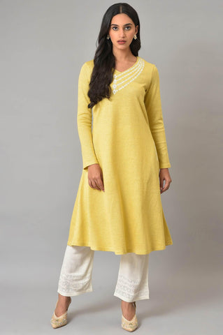 Lemon Yellow Embroidered A-Line Winter kurta