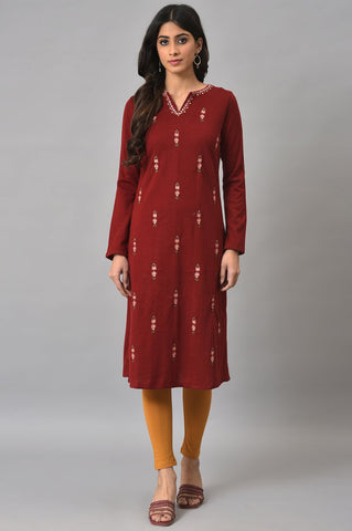 Deep Red Embroidered Winter kurta