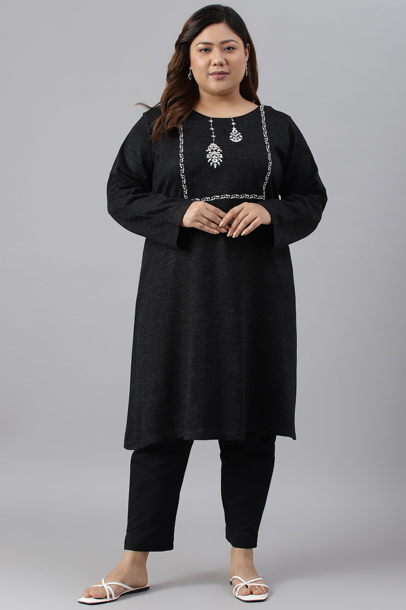 Plus Size Black A-Line Embroidered Winter kurta