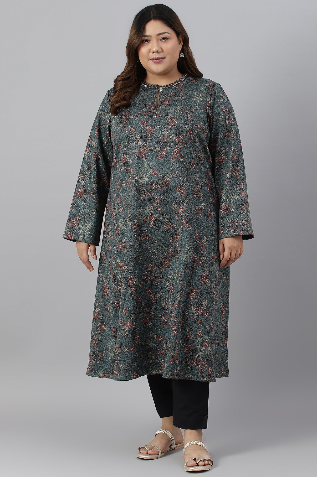 Teal Blue Flared Plus Size Winter kurta