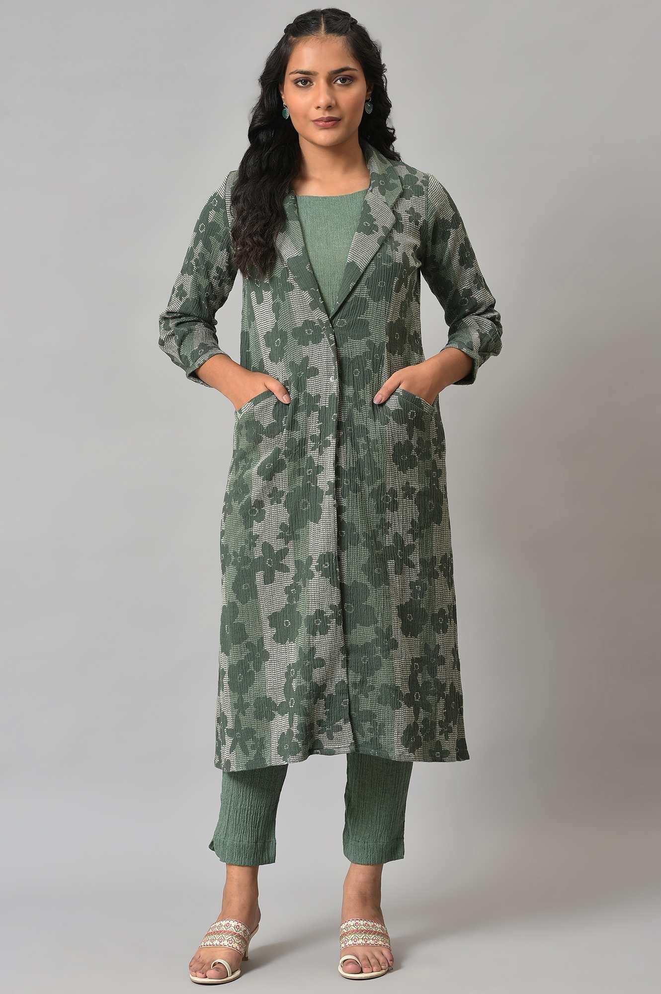 Green Printed Longline Jacket With kurta And Pants