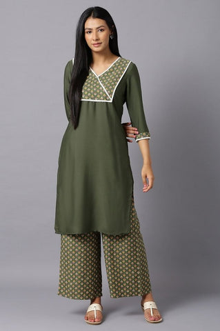 Aure Collection By Aurelia Olive Green Ethnic kurta And Palazzo Set