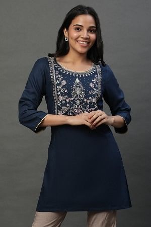 Blue Embroidered Short Kurti