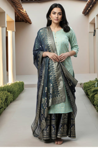 Blue Foil Printed Organza Dupatta