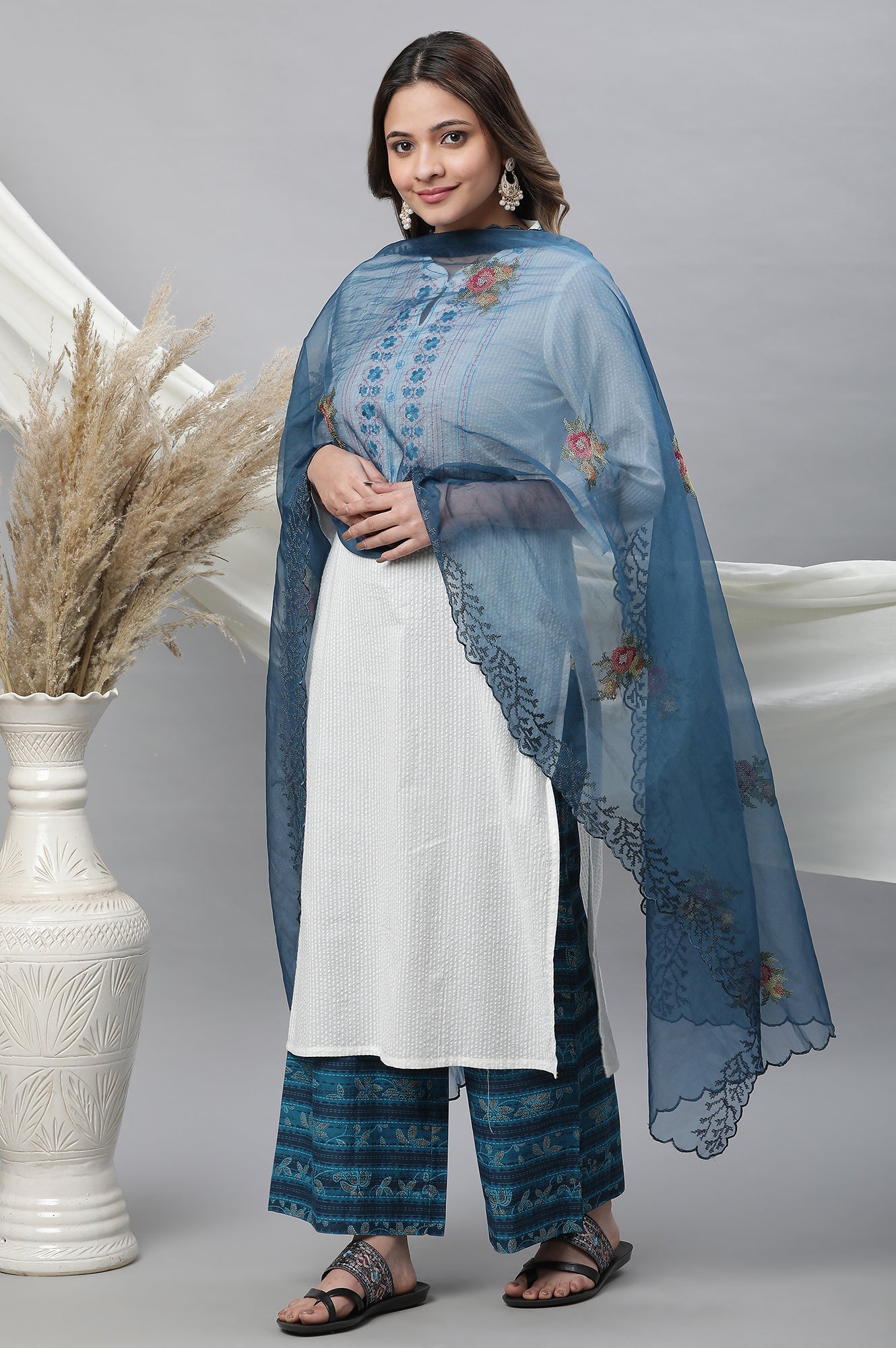 Blue Embroidered Nylon Organza Dupatta