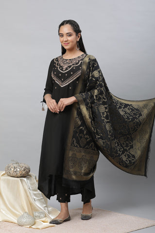 Black Zari Embellished Kurta Pants Dupatta Set
