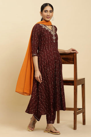 Brown Embroidered Flared Kurta, Pants And Dupatta Set