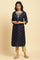 Navy Blue Floral Glitter Printed Kurta