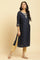 Navy Blue Floral Glitter Printed Kurta