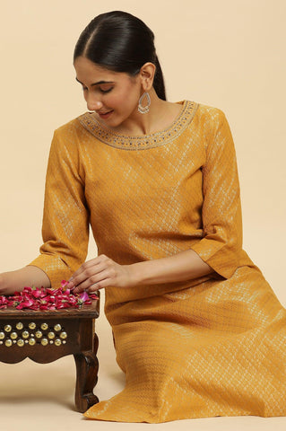 Yellow Dobby Embellished Kurta