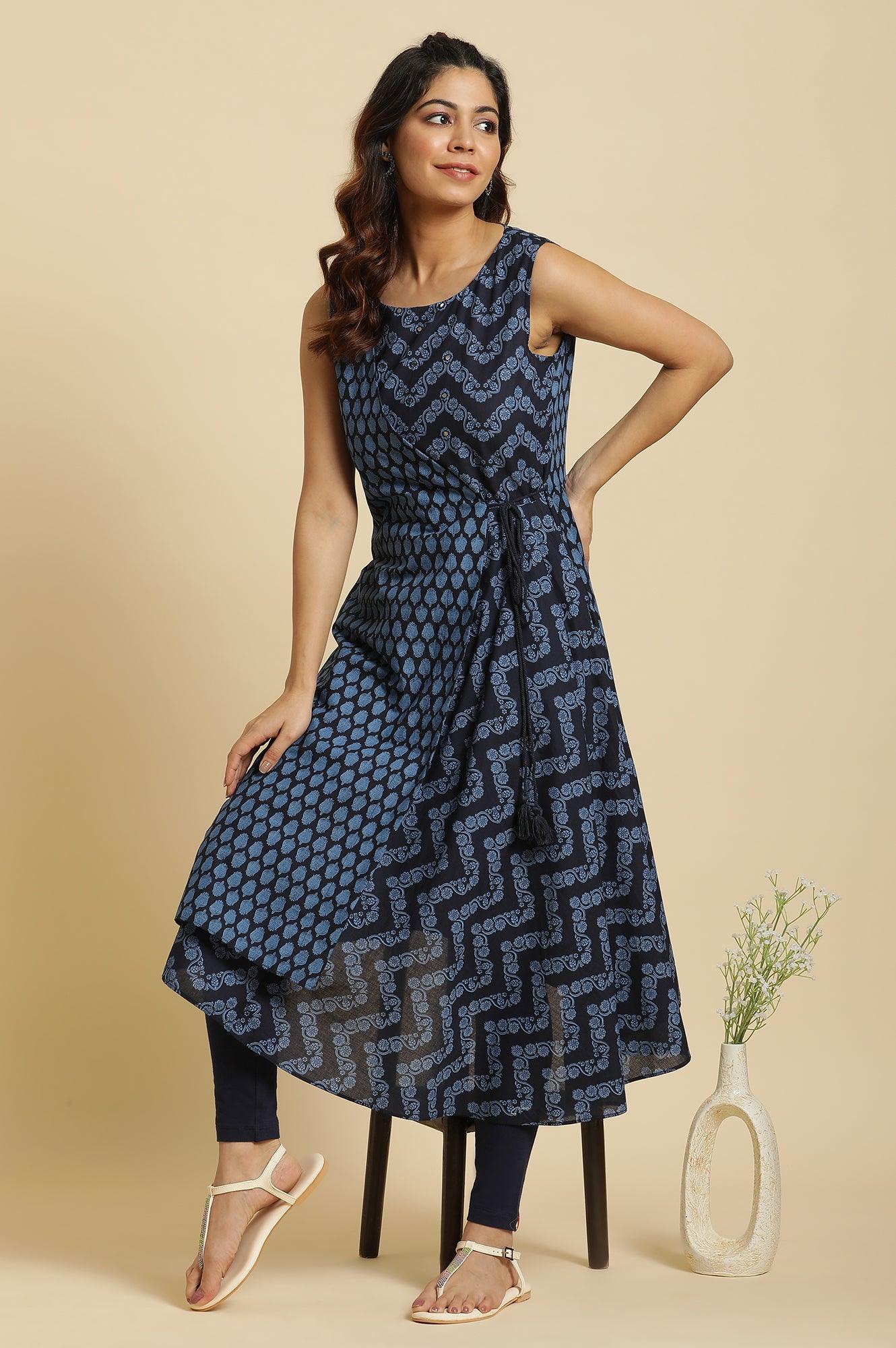 Blue Mock Wrap Print Mix Kurta