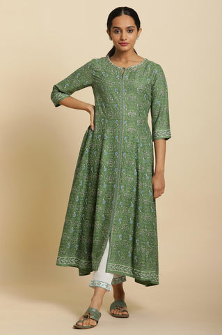 Forest Green Printed Panelled Kurta