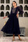 Navy Blue Solid Embroidered Yoke Chiffon Gathered Dress