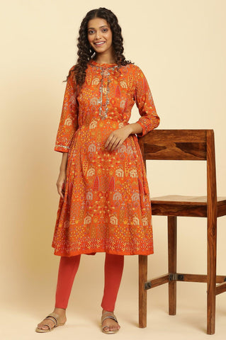 Orange Printed Festive A-Line Kurta