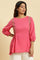 Pink Embroidered Solid Top With Side Tie-Up