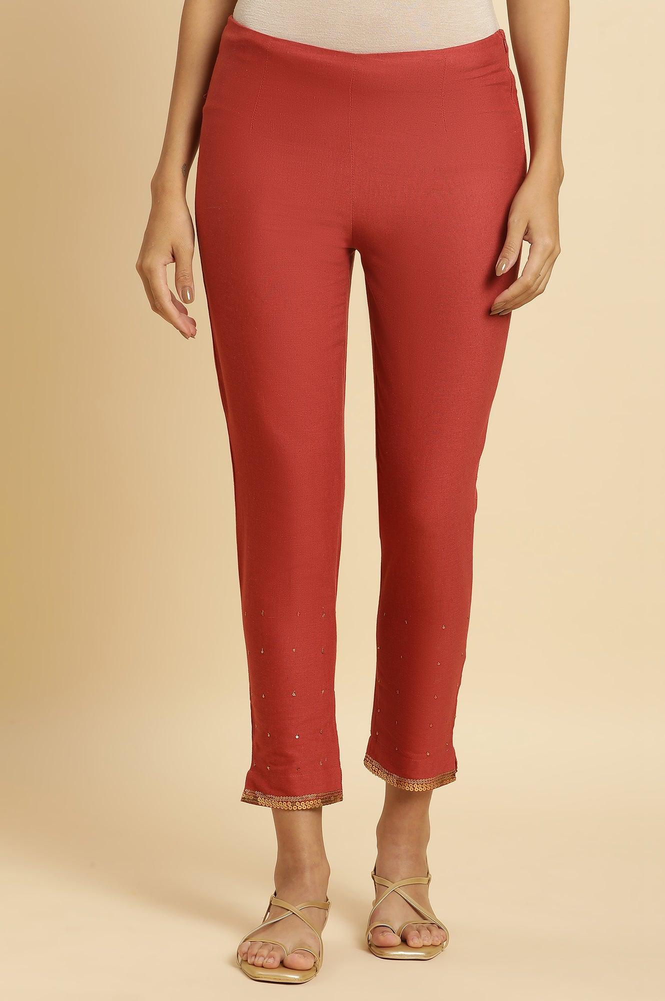 Rust Red Embellished Solid Slim Pants