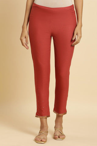 Rust Red Embellished Solid Slim Pants