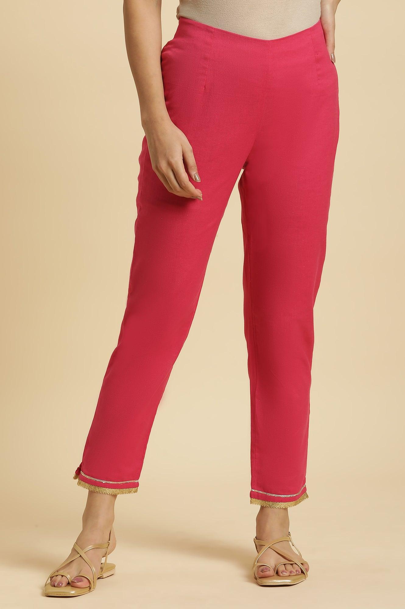 Pink Solid Pants With Gota Trim At Hem