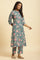 Teal Blue Printed Kurta, Bottom And Organza Dupatta Set