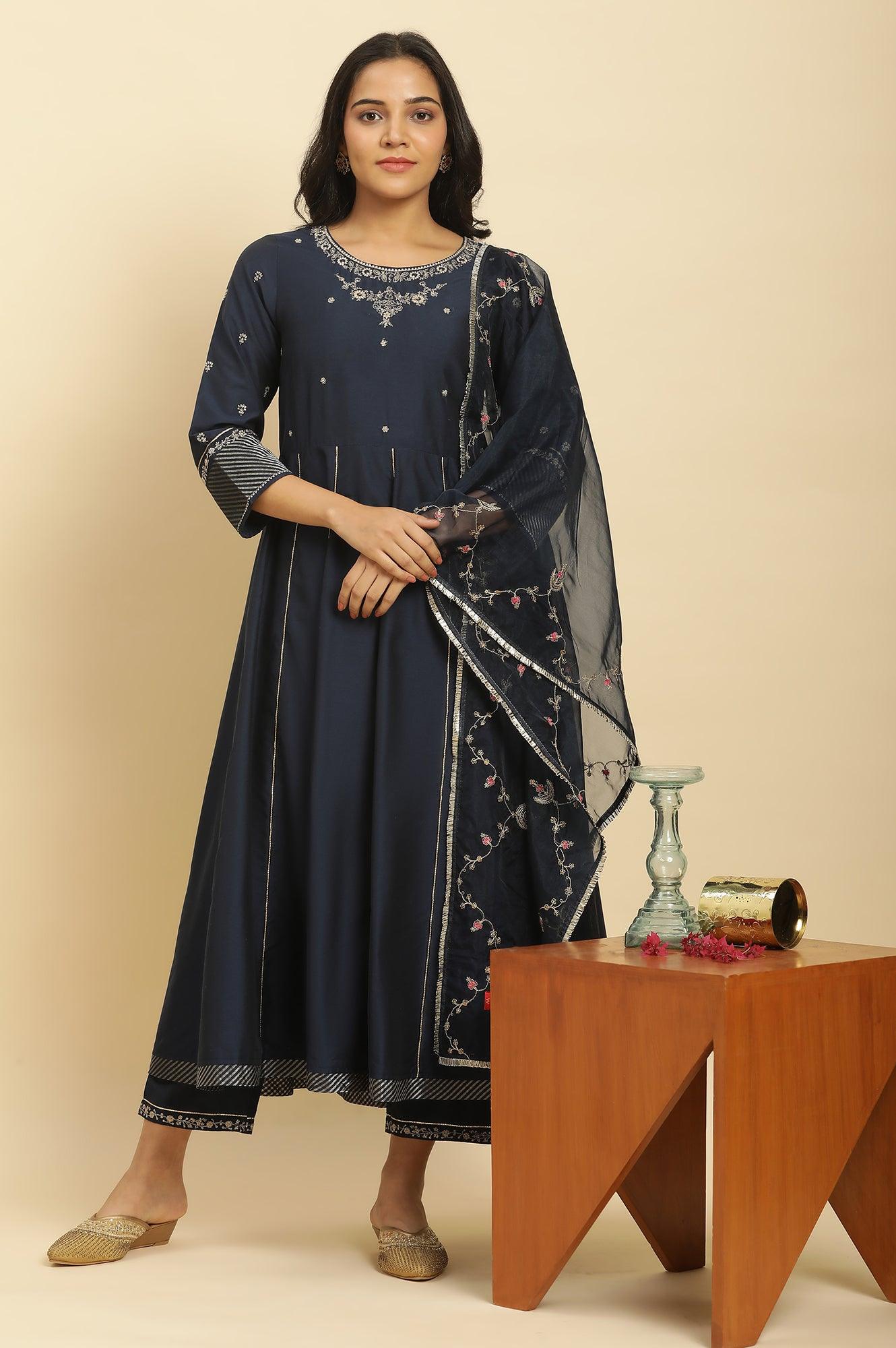 Dark Blue Zari Embroidered Festive Kurta, Pants And Dupatta Set