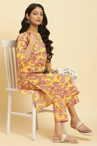 Yellow Floral Printed Cotton Kurta And Pants Co-Ord Set