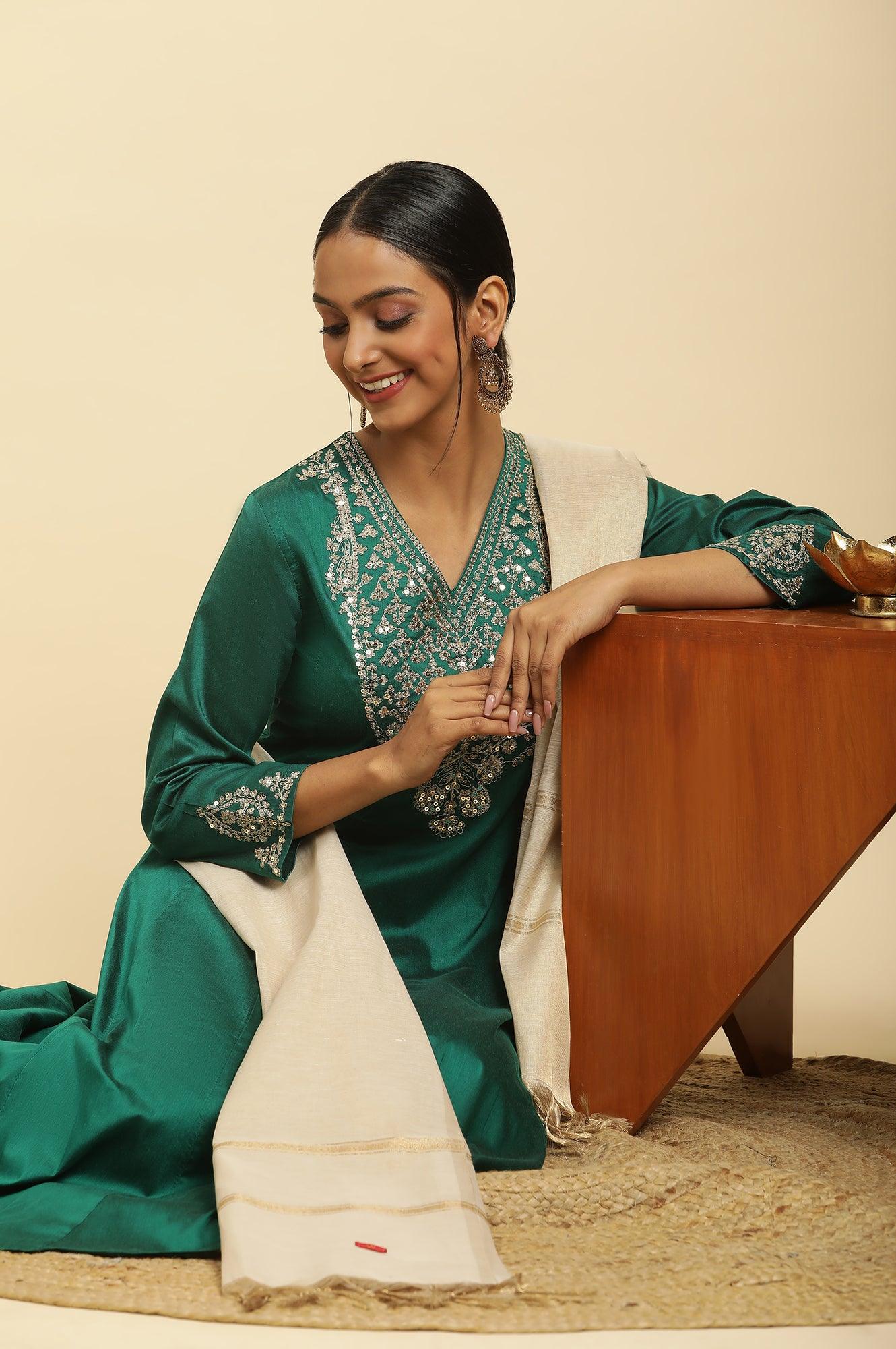 Green Panelled Embroidered Kurta, Slim Pants And Dupatta Set