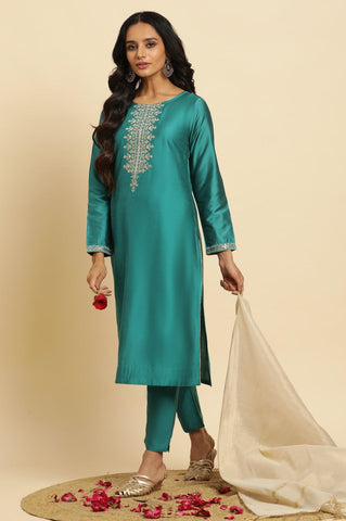 Teal Blue Zari Embroidered Straight Kurta, Pant And Dupatta Set