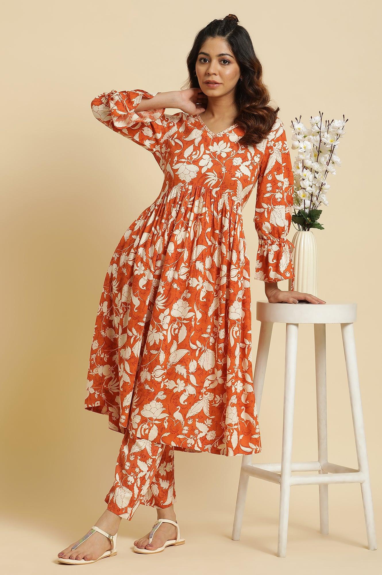 Dark Orange Floral Printed Kurta & Pants Co-Ord Set