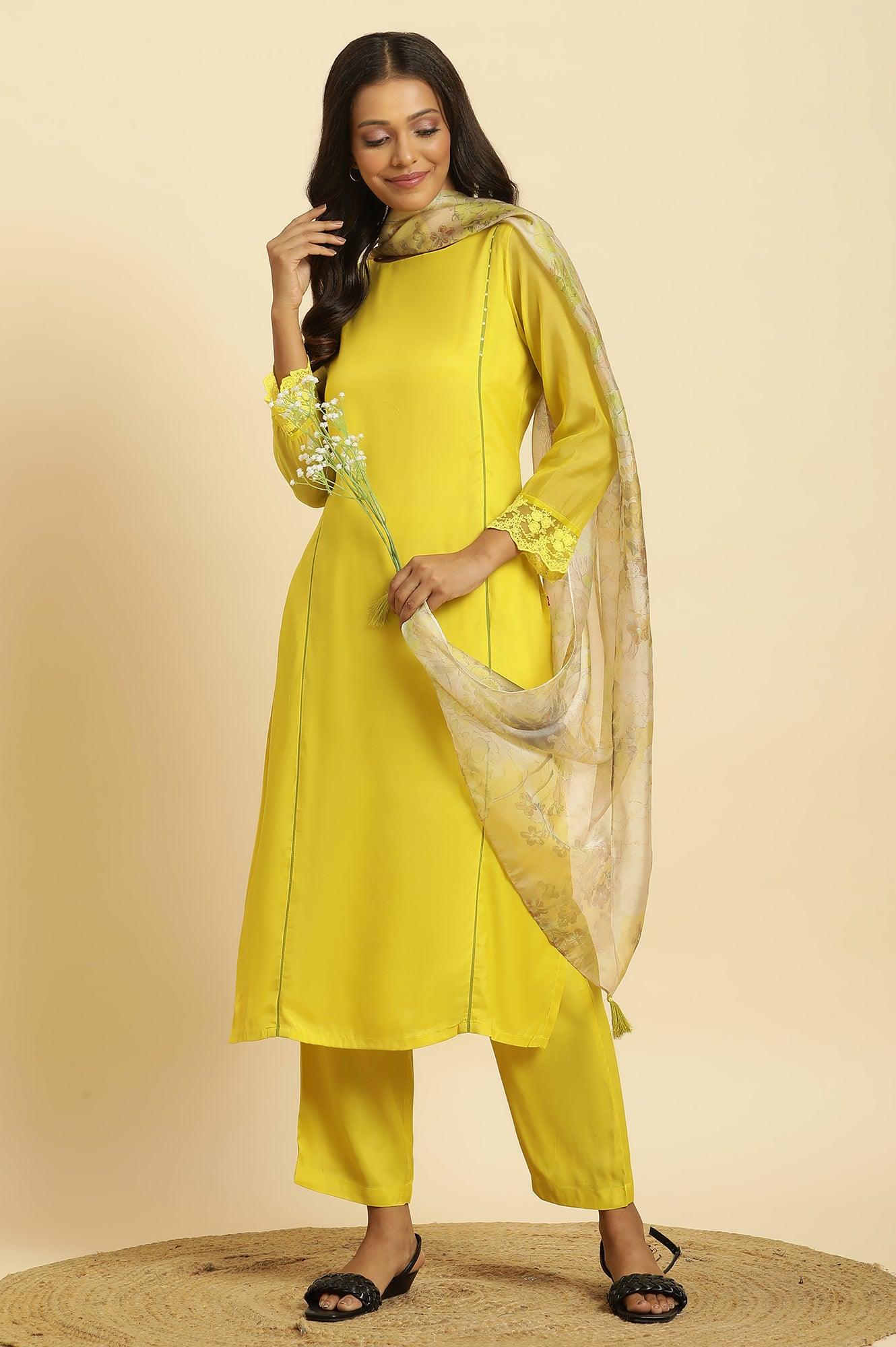 Lime Green Lace Work Kurta, Pants And Dupatta Set